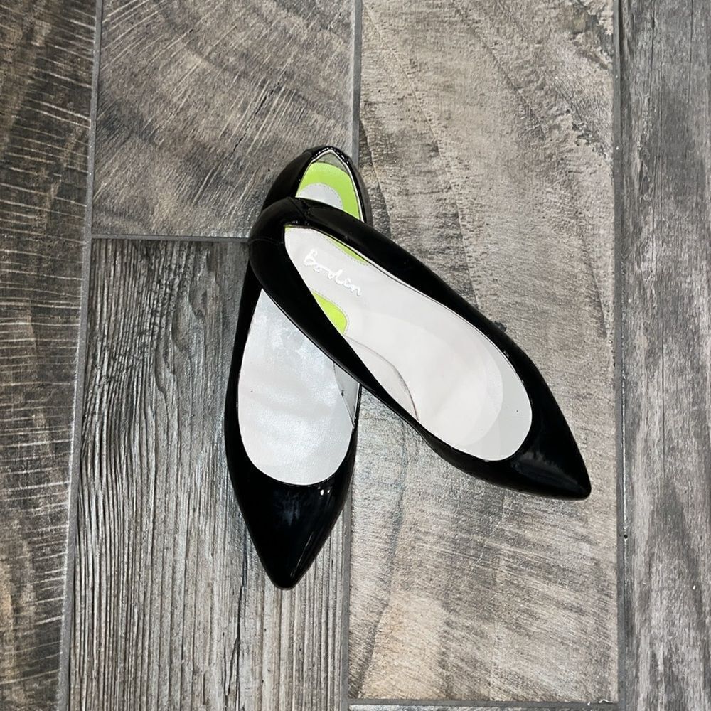 Boden black patent leather slip on shoes